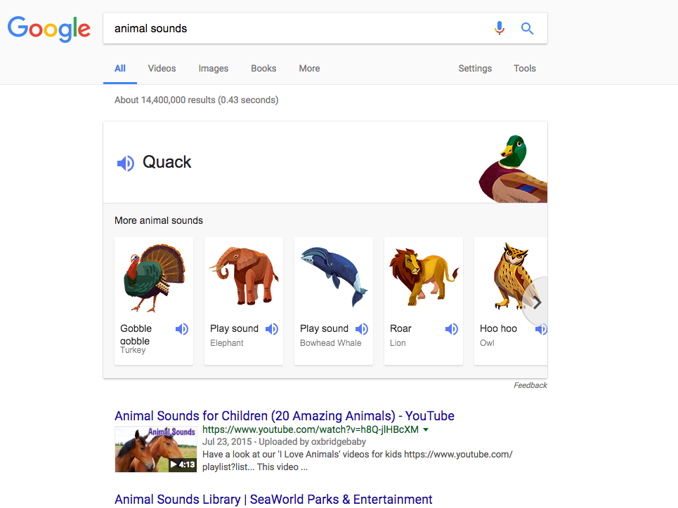 Google has a catalog of animal noises that you can easily find by typing in "animal sounds" or by typing in the name of a specific animal. Hot tip: Whip this one out while babysitting and it