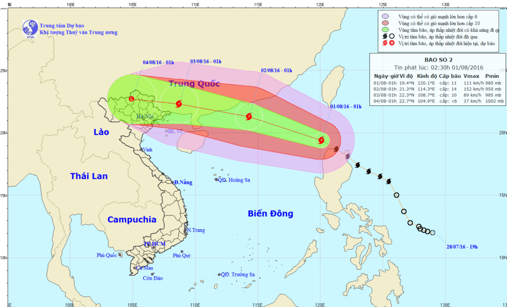 Đường đi và vị trí cơn bão Nida (cơn bão số 2) tính đến 2h sáng ngày 1/8. (Nguồn: nchmf.gov.vn)