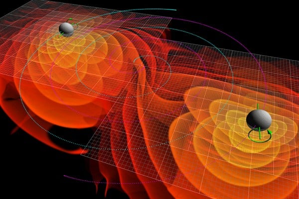 Mô hình mô phỏng sóng trọng lực khi 2 lỗ đen kết hợp (Ảnh: Wiki)