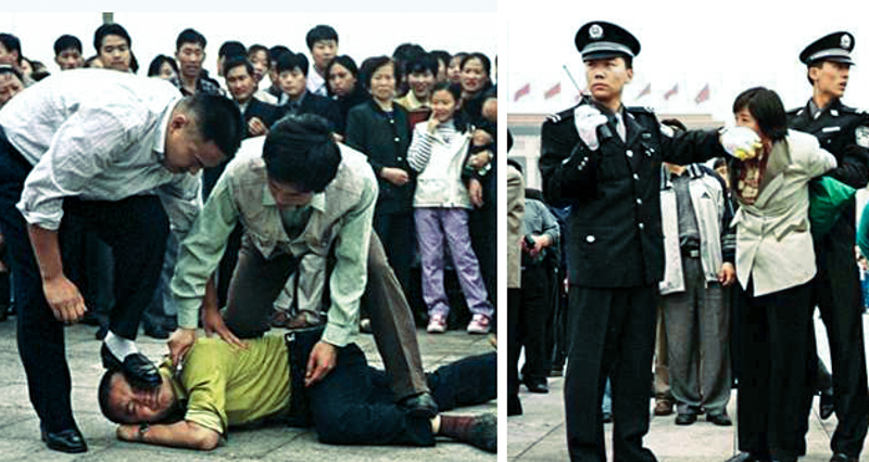 Cảnh sát bắt giữ những người tập Pháp Luân Công nói rõ sự thật tại quảng trường Thiên An Môn. (Ảnh: Minh Huệ)