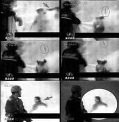Từ trái qua phải, từ trên xuống dưới: 6 khung hình cho thấy một cảnh sát đã giết người diệt khẩu trong chính đoạn video mà chính quyền Trung Quốc công bố về vụ tự thiêu tại Thiên An Môn. Đây chỉ là một trong hơn 10 bằng chứng cho thấy vụ tự thiêu được dàn dựng.