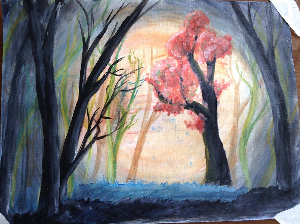 Họa sĩ mô tả cảm giác khi trầm cảm, bức tranh "đi bộ qua rừng" cái cây đỏ tượng trưng cho cảm giác hạnh phúc không bao giờ có thể với tới (ảnh: Youtube)