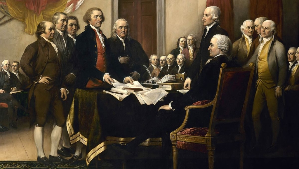 Hội đồng 5 người gồm John Adams, Benjamin Franklin, Thomas Jefferson, Robert R. Livingston và Roger Sherman đệ trình bản dự thảo Tuyên ngôn độc lập cho Quốc hội vào ngày 28/06/1776 (Tranh của John Trumbull)