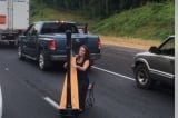 Nghệ sĩ hạc cầm chơi đàn phục vụ cộng đồng vì kẹt xe